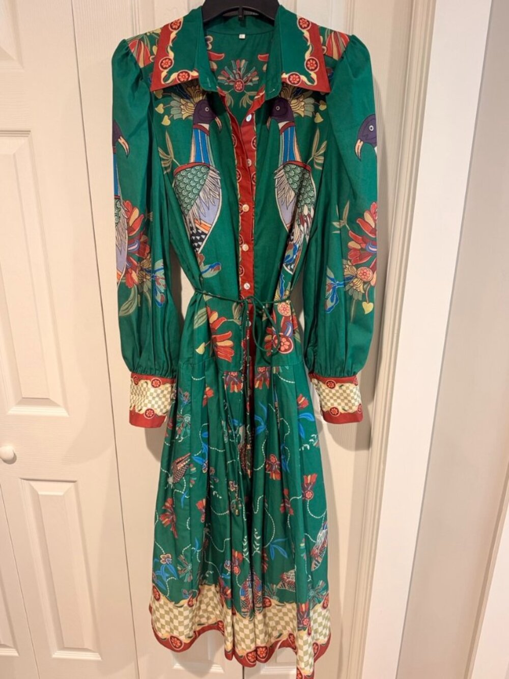 Belted Waist Button Down Long Sleeve Green Maxi Dress with Vintage Bird Print XL